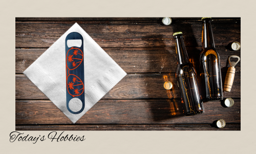 Durable steel bottle opener with sublimation design on wooden table alongside opened beer bottles