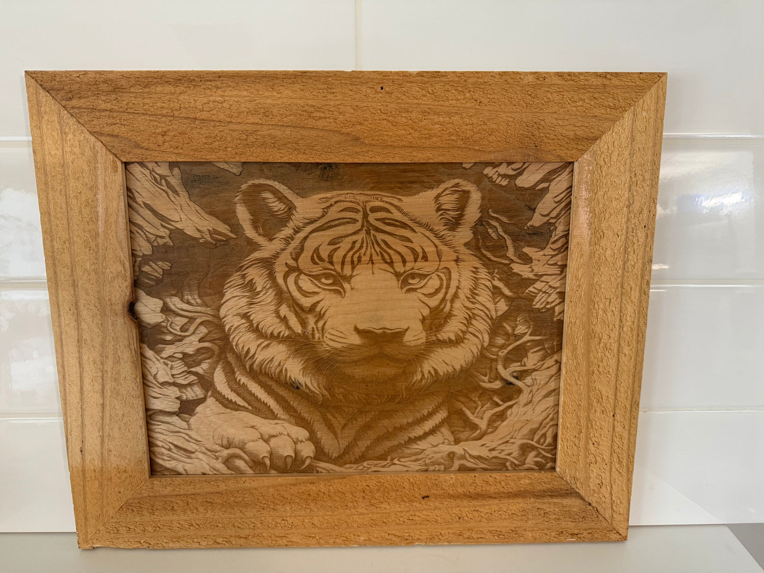 Handmade laser gifts for home featuring a detailed tiger engraving on wood framed art piece