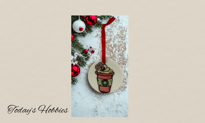 Handcrafted Christmas ornament for home featuring a sublimation glass design with a festive plant pot and red ribbon