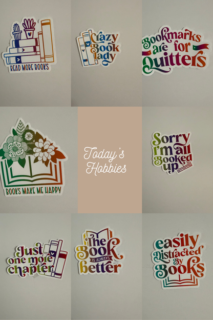 Premium weatherproof sticker pack by Today’s Hobbies featuring book-themed designs and quotes